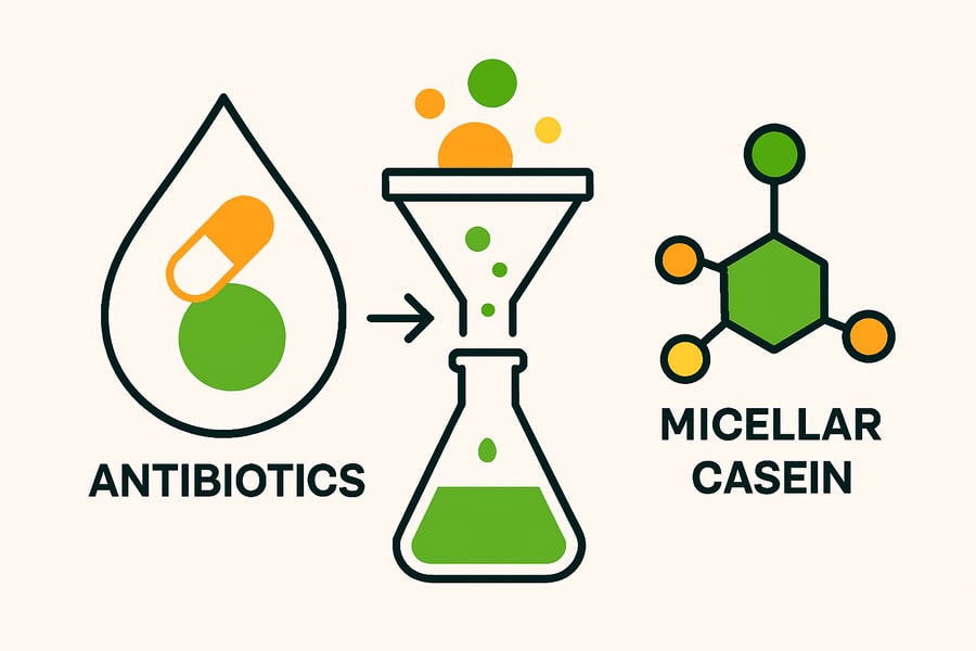 Illustration : lait contenant des traces d'antibiotiques transformé en caséine micellaire