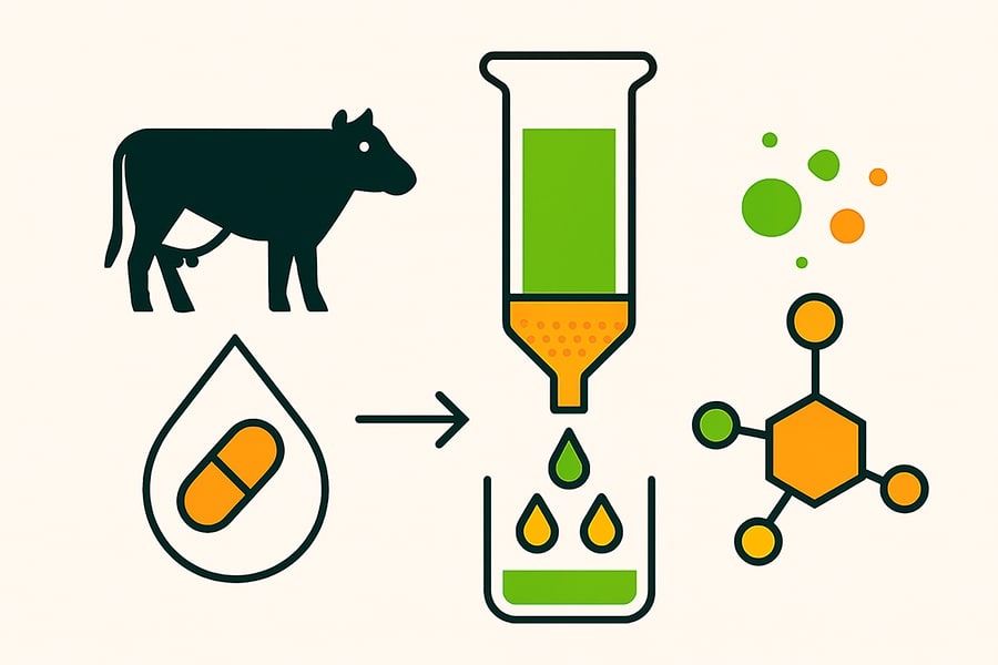Schéma du procédé Reneris : vache, lait à traces d'antibiotiques, tube de transformation, molécule de protéine